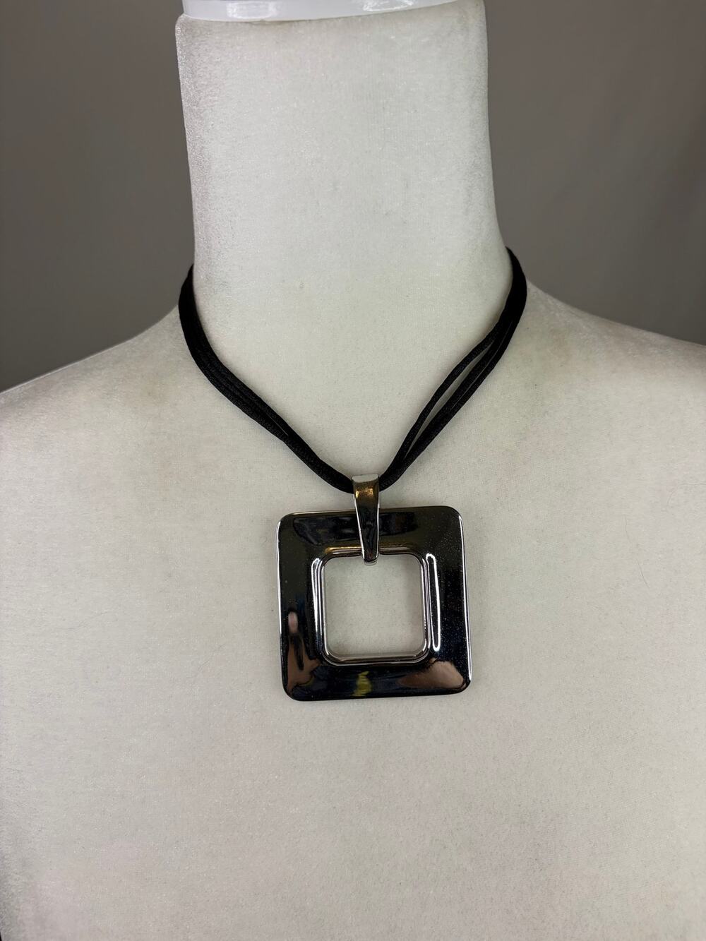 Chico's Necklace Silver Tone Chunky Square Pendant on Black 3-Strand Cord